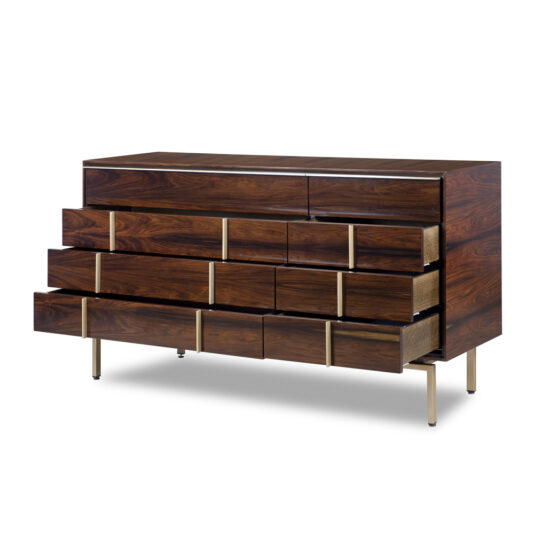 Contemporary Elegant Double Dresser A modern wooden dresser with a dark brown finish is pictured. It has ten drawers, some of which are slightly open, and is supported by slim metal legs in a gold color. The design features clean lines and a minimalist aesthetic.