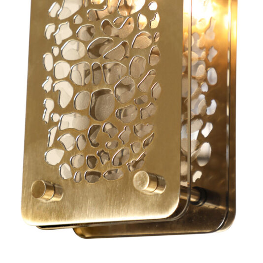 Contemporary Pendant Light A close-up of the Contemporary Pendant Light showcases its modern, gold finish with an abstract, perforated metal design. The irregularly shaped perforations resemble pebbles or organic forms, allowing light to filter through and create an intricate pattern.