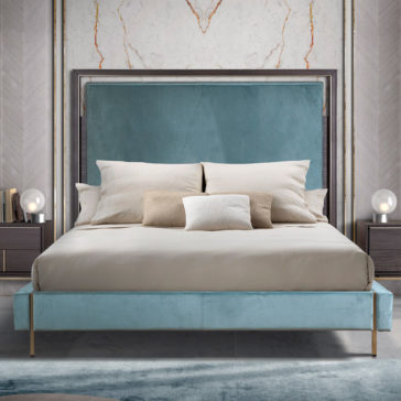 Elegant Metal Frame Bed A modern bedroom features the Elegant Metal Frame Bed with a large teal headboard, complemented by a beige bedspread and multiple pillows in beige and white. The room boasts sophisticated wall panels and two nightstands adorned with spherical lamps, masterfully combining contemporary and luxurious elements.