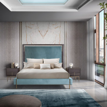 Elegant Metal Frame Bed A modern bedroom showcases the Elegant Metal Frame Bed adorned with beige and white bedding and pillows. The space includes two dark wood nightstands topped with spherical lamps, light gray textured walls, and a large window that floods the room with natural light.