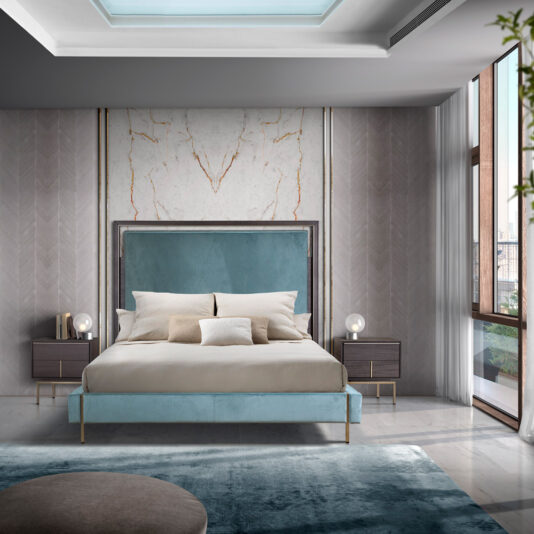 A modern bedroom showcases the Elegant Metal Frame Bed adorned with beige and white bedding and pillows. The space includes two dark wood nightstands topped with spherical lamps, light gray textured walls, and a large window that floods the room with natural light.