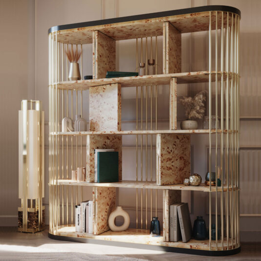 The Large Modern Art Deco Style Bookcase features a contemporary design with a blend of wooden and gold metal components. Its spacious shelves accommodate an array of items such as books, decorative pieces, and plants. To the left of the bookcase, a tall, sleek lamp with gold accents further enhances the sophisticated ambiance.