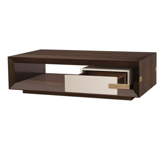 A modern rectangular coffee table made of dark wood with a clean, minimalist design. It features an open shelf and a single, partially open white drawer with a gold handle. The table has a sleek and contemporary look, ideal for modern interiors.