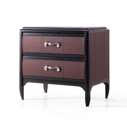 The Luxury Leather Horse Handle Bedside Cabinet is a dark brown wooden bedside table with two drawers, each adorned with luxurious metallic horse handle pulls. The cabinet features a sleek design with slightly tapered legs and a contrasting black frame that accentuates the edges and corners. Its flat, polished surface adds an elegant touch.