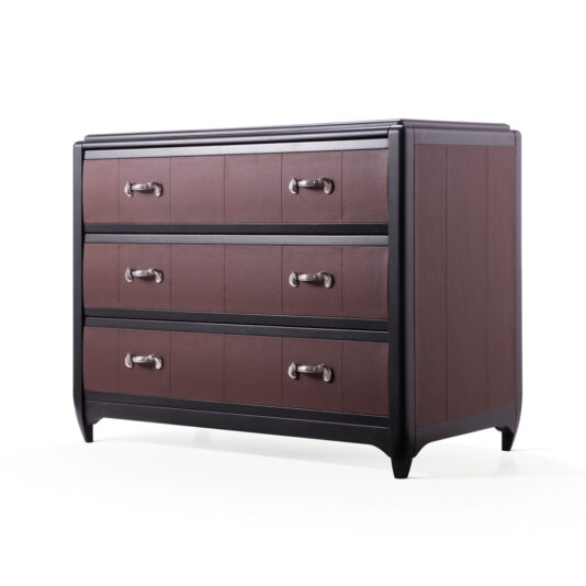 Introducing the Luxury Leather Horse Handle Chest Of Drawers: a wooden dresser with a sleek design, featuring three spacious drawers. It boasts a dark brown finish with black trimming and is adorned with luxurious leather horse handles on each drawer. Standing on short, sturdy legs, this chest of drawers offers a modern look to any space.