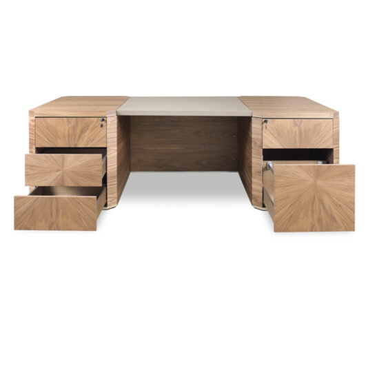 The Luxury Leather Top Desk is a sophisticated wooden office desk with a central workspace. It features three open drawers on the left and one on the right, and showcases a modern design highlighted by a geometric wood grain pattern. The desk’s elegance is further enhanced by its luxury leather top.