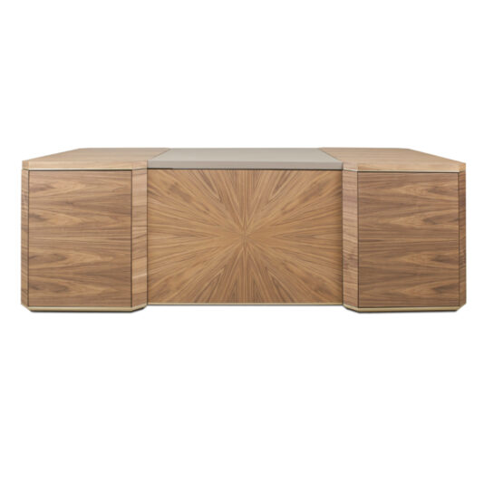 Introducing a modern wooden sideboard that echoes the sophistication of our Luxury Leather Top Desk. This sleek, minimalist piece features a symmetrical pattern on the front, two large cabinets flanking a central compartment, all seamlessly designed without visible handles and finished in light wood.