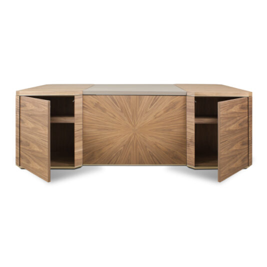 A contemporary credenza crafted from light-colored wood, showcasing two open cabinet doors on each side that reveal spacious storage shelves. The front boasts a symmetrical, radial wood grain pattern, echoing the sophistication of the Luxury Leather Top Desk.