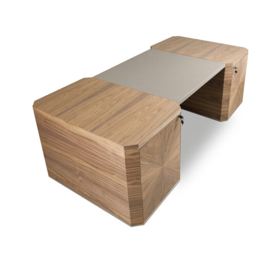 The Luxury Leather Top Desk boasts a sleek, modern design with two spacious wooden side units adorned with distinct geometric patterns. The light-colored central work surface complements the luxurious leather tops of the side units, each featuring storage compartments with visible handles for added convenience.