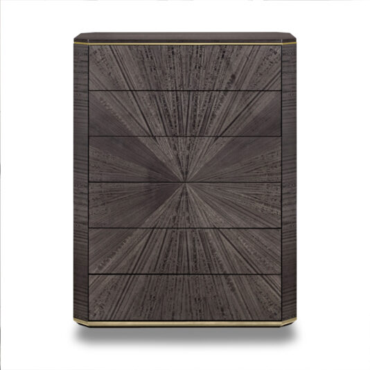 Introducing the Luxury Marble Tallboy Chest Of Drawers: a tall, sophisticated marvel with a geometric, radial pattern on the front. This dark wood piece features a sleek minimalist design, textured finish, six spacious drawers, and elegant brass trim accentuating the top and bottom edges. The modern elegance of this piece exudes an air of sophistication similar to that of a marble tallboy.