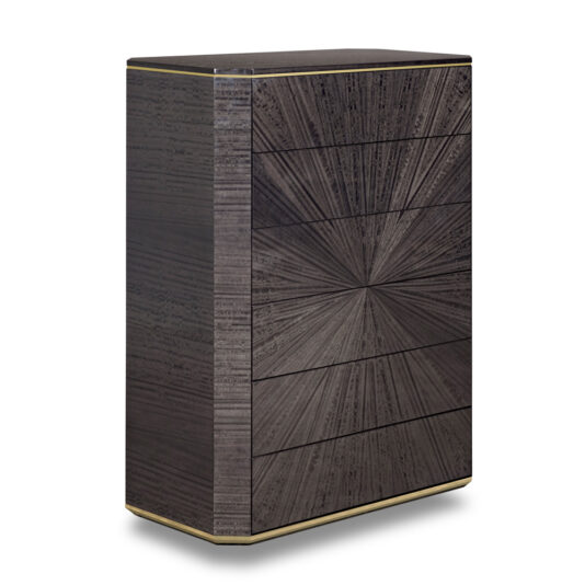 Introducing the Luxury Marble Tallboy Chest of Drawers: a sophisticated piece featuring a rich dark wood finish and an eye-catching geometric starburst pattern on the front. Adorned with gold trim along its edges, this luxury chest includes five minimalist drawers and stands on a flat base, offering a modern aesthetic that recalls the elegance of marble design.