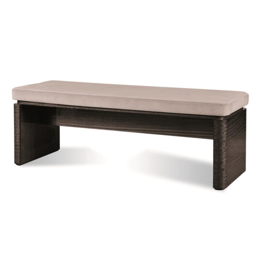 A minimalist bench with a sleek dark wood base and a light beige cushioned seat. The bench has a modern design with clean lines and a flat surface, suitable for contemporary spaces.
