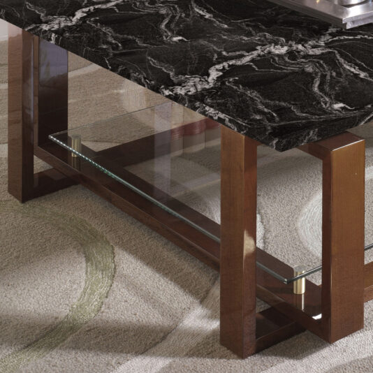 The Modern Black Marble Top Coffee Table features sleek wooden legs and a convenient glass shelf underneath, elegantly positioned on a light-colored carpet adorned with a subtle circular pattern.