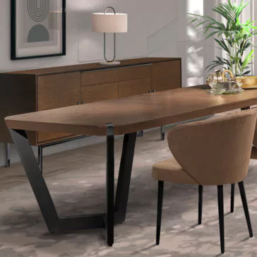 Modern Luxury Dining Set The Modern Luxury Dining Set includes a contemporary wooden table with sleek black metal legs and a stylish brown upholstered chair featuring a curved backrest. Complementing the scene, there’s also a wooden sideboard adorned with framed abstract artwork, a decorative gold tray, a potted plant, and an elegant table lamp.