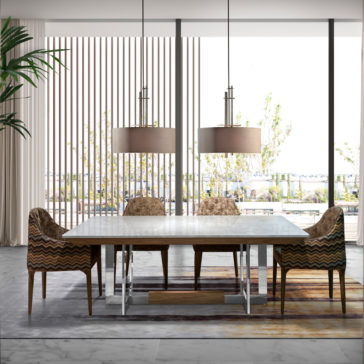 Modern Marble Top Dining Table Modern dining room with a large **Modern Marble Top Dining Table** and six brown chairs. Two large pendant lights hang above the table. Floor-to-ceiling windows with vertical blinds offer a view of an outdoor area with greenery. The floor is marble, and a patterned rug is beneath the table.