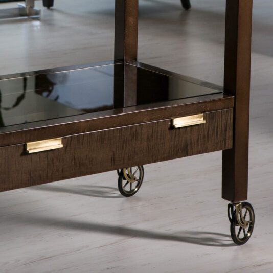 Modern Trolley With Glass Top A close-up photo of the lower section of the Modern Trolley With Glass Top. The metal-framed cart features wheels, a lower glass shelf, and a wooden drawer accented with brass-colored handles. The flooring is light-colored wood.