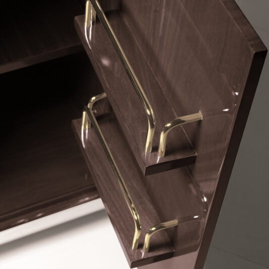 A close-up view of the Modern Vanity With Brass Accents showcases its dark wood finish and two built-in shelves, beautifully adorned with brass railings for support and safety. The interior of this stylish cabinet is also visible, revealing additional storage space.