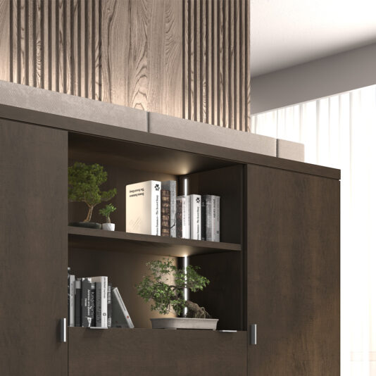 A Modern Wooden Bookcase, finished in dark wood and equipped with two shelves holding books and decorative plants, stands against a wooden accent wall in front of a large window draped with sheer curtains. Natural light gently fills the room, complemented by an LED light that adds a subtle glow to the display.