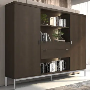Modern Wooden Bookcase The Modern Wooden Bookcase features dark brown doors with silver handles and boasts LED lighting. It includes two spacious enclosed compartments, center open shelves ideal for holding books and plants, and two convenient pull-out drawers. Resting on a metal base, the soft LED lighting elegantly highlights the shelves.