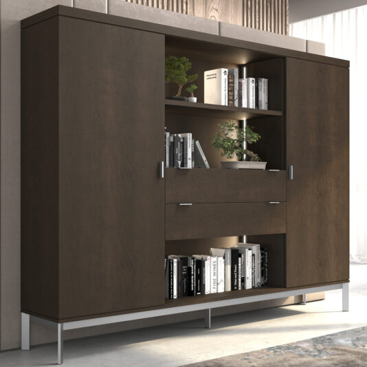 The Modern Wooden Bookcase features dark brown doors with silver handles and boasts LED lighting. It includes two spacious enclosed compartments, center open shelves ideal for holding books and plants, and two convenient pull-out drawers. Resting on a metal base, the soft LED lighting elegantly highlights the shelves.