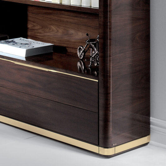 A close-up of the Modern Wooden Bookcase With Drawers, featuring sleek gold accents. The shelves display a few books and a small metallic bicycle ornament, while the partially closed lower drawer adds a touch of casual elegance. The background showcases a plain light-colored wall, enhancing the bookcase's contemporary design.