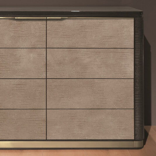 A close-up view of the Modern Wooden Dresser and Mirror Set showcasing six drawers with a light textured front surface and dark edges. The dresser is positioned against a dark background and rests on a light wooden floor.