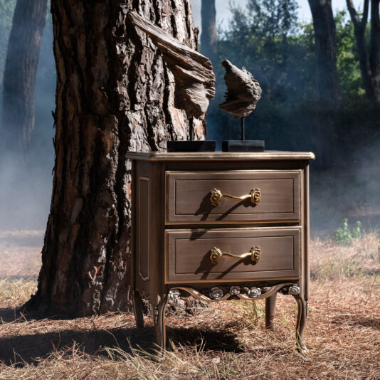 An Ornate Louis Style Bedside Cabinet, featuring two intricate drawers, stands against a large tree trunk in a forest. Two abstract rustic sculptures sit on top, while mist and tall trees create a serene and mysterious backdrop.