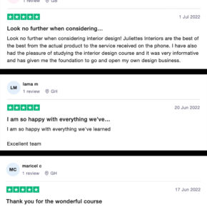An image showing three positive reviews for a design course. All reviews have five-star ratings. Lauren B from GB praises the course for its comprehensive content. Lm from GB appreciates the team's excellent support. Maricel C from GH thanks for the wonderful learning experience of learning interior design with us.