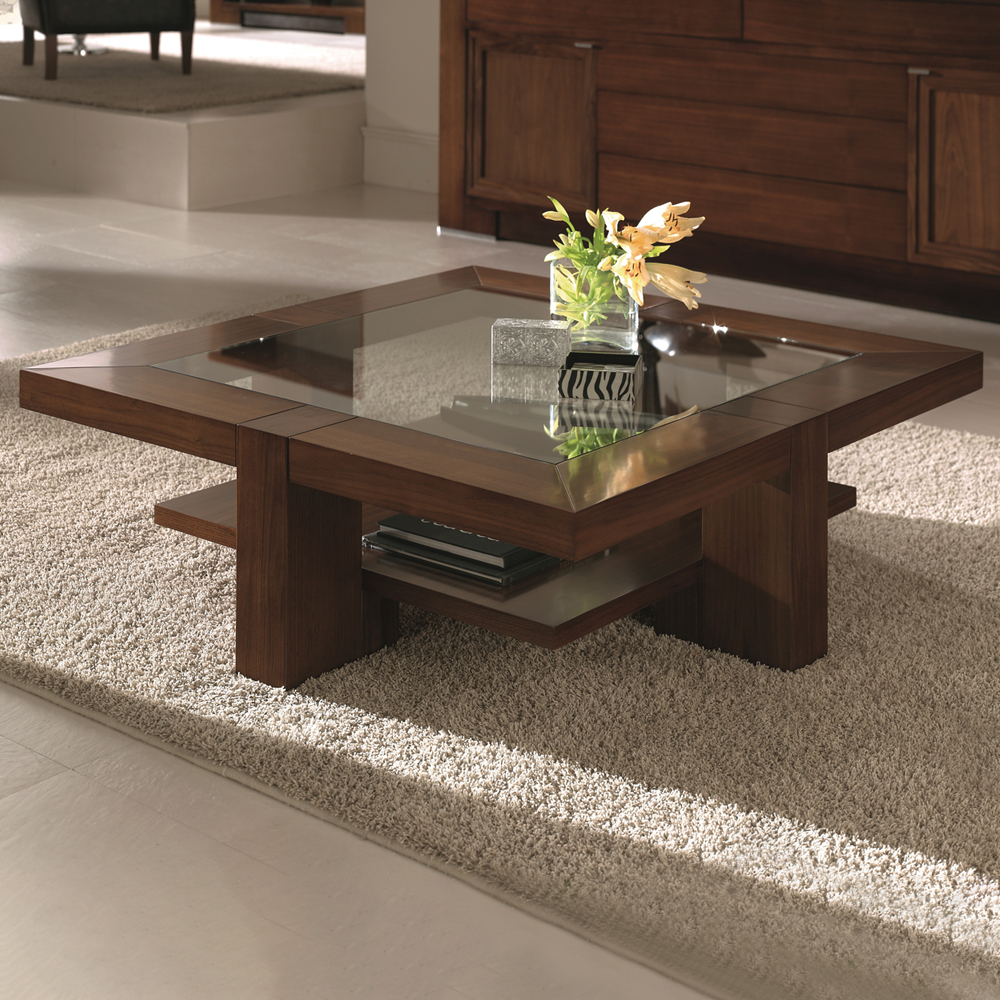 Wooden Square Coffee Table With Glass Top