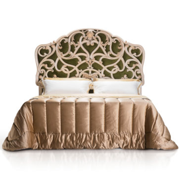 Carved Rococo Style Bed With Tall Headboard The Carved Rococo Style Bed With Tall Headboard is a luxurious piece featuring an ornate, intricately carved tall headboard with green velvet upholstery. This elegant bed is beautifully dressed with a light brown, glossy comforter and two white pillows, set against a pristine white background.