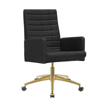 Modern Industrial Style Oak Veneer Desk A modern black office chair with a cushioned, grid-patterned backrest and seat. It features high armrests and a sturdy gold base with five caster wheels, making it the perfect complement to the Modern Industrial Style Oak Veneer Desk.