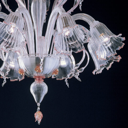 Classic Floral Detail Chandelier A close-up of the Classic Floral Detail Chandelier reveals its elegant, ornate design featuring multiple clear glass arms and flower-shaped light fixtures with pink accents. Set against a dark backdrop, the intricate details and classic floral elements stand out prominently, exuding a vintage floor lamp's charm.