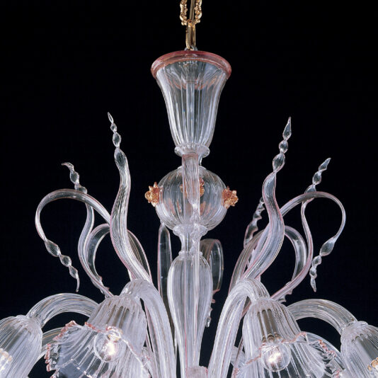 Classic Floral Detail Chandelier A close-up view of the Classic Floral Detail Chandelier with intricate glass detailing, exuding a classic charm. The chandelier features transparent, delicate glass arms, floral accents reminiscent of a floor lamp's elegance, and a combination of curved and twisted glass pieces, all set against a black background.