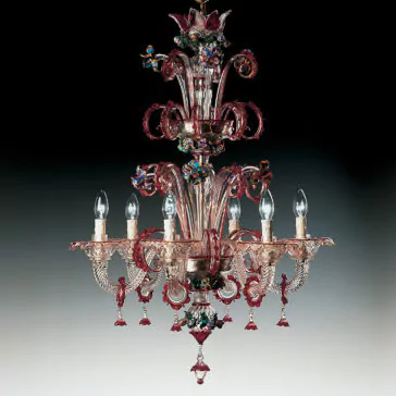 Classic Glass Chandelier With Red Floral Detailing The Classic Glass Chandelier With Red Floral Detailing is a lavish masterpiece featuring intricate designs and an elegant combination of pink and red hues. It boasts six upward-facing light bulbs symmetrically arranged, adorned with colorful red floral detailing, and complemented by hanging crystal ornaments, all set against a dark background.