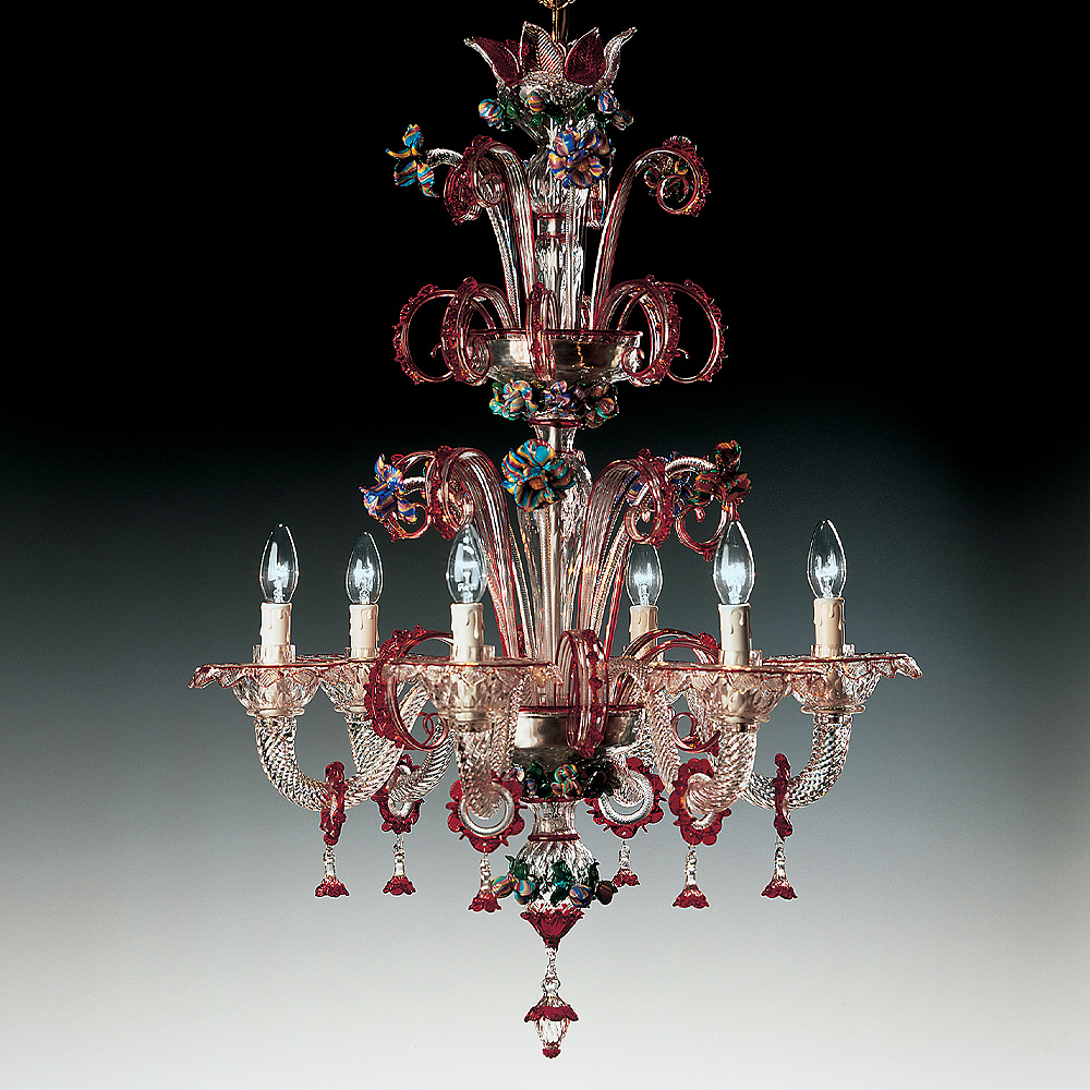 Classic Glass Chandelier With Red Floral Detailing