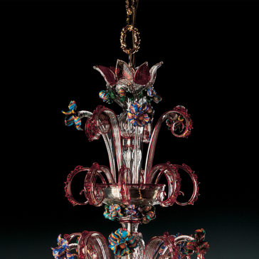 Classic Glass Chandelier With Red Floral Detailing A detailed close-up of the Classic Glass Chandelier With Red Floral Detailing reveals intricate blue designs and gold accents, set against a dark background. The craftsmanship showcases swirling patterns and delicate, colorful flowers, making it a stunning centerpiece.