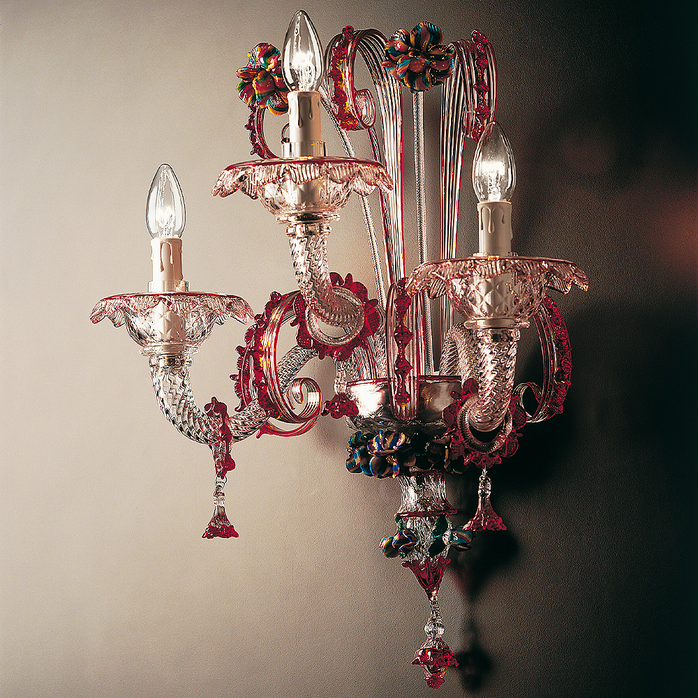 Classic Glass Wall Light With Red Floral Detailing