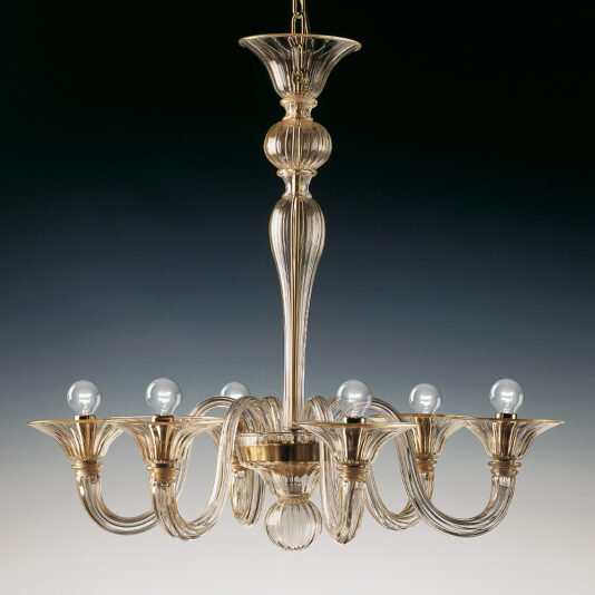 The Classic Gold Glass Ribbed Detail Chandelier exudes elegance with its classic design, featuring five curved glass arms, each holding a light bulb at the end. The main structure is adorned with ornate ribbed detailing, and the fixture hangs from a gold chain, creating a sophisticated and luxurious aesthetic.