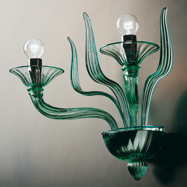 Classic Green Glass Ribbed Detail Wall Light The Classic Green Glass Ribbed Detail Wall Light features two exposed light bulbs at the top and showcases a design that resembles flowing leaves or petals, adding an elegant and artistic touch to any wall with its sophisticated shape.