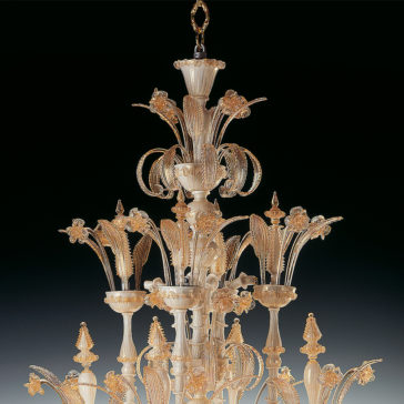 Large Classic Murano Glass Chandelier A Large Classic Murano Glass Chandelier, adorned with delicate golden floral designs and crystal accents, radiates light against a dark backdrop. The chandelier's numerous glass stems and branches elegantly support the ornate decorative elements, offering a sophisticated and intricate visual appeal.