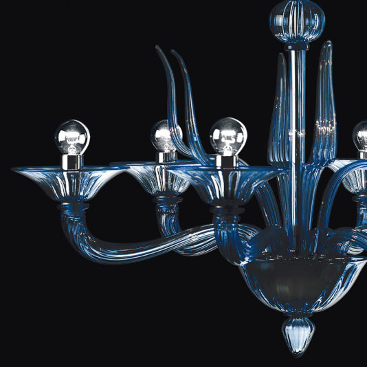 The Classic Luxury Blue Glass Chandelier boasts a modern design with six gracefully curved arms extending from a central stem. Each arm supports a light bulb, illuminating the sleek, glossy blue glass that contrasts beautifully against a black background, highlighting the chandelier's elegant form.