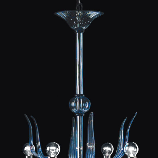 The Classic Luxury Blue Glass Chandelier boasts a sleek and modern design with a central elongated stem and multiple curved arms, each culminating in a round bulb. This elegant piece features a reflective, transparent blue hue and is photographed against a solid black background.