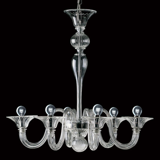 The Classic Silver Glass Ribbed Detail Chandelier is a luxurious lighting fixture that showcases a sleek and elegant design with eight curved arms, each holding a light bulb. This chandelier features intricate detailing with clear crystal accents and is set against a black background, highlighting its sophisticated appearance.
