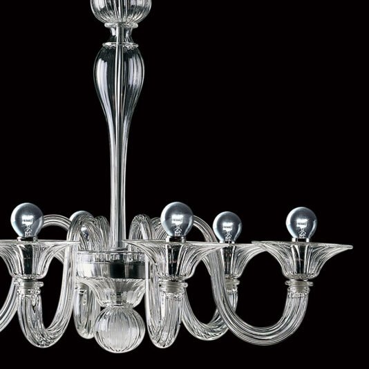 Classic Silver Glass Ribbed Detail Chandelier A close-up image of the Classic Silver Glass Ribbed Detail Chandelier reveals its ornate, timeless design with six gracefully curving arms, each holding a clear light bulb at its end. The elegant and ribbed central column leads to a rounded, textured base, all set against a black background.