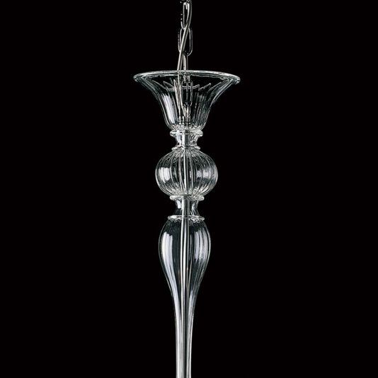 Classic Silver Glass Ribbed Detail Chandelier A delicate, elongated Classic Silver Glass Ribbed Detail Chandelier with a fluted top, spherical midsection, and tapered bottom hangs against a black background. The ribbed detail reflects light, showcasing its intricate craftsmanship.