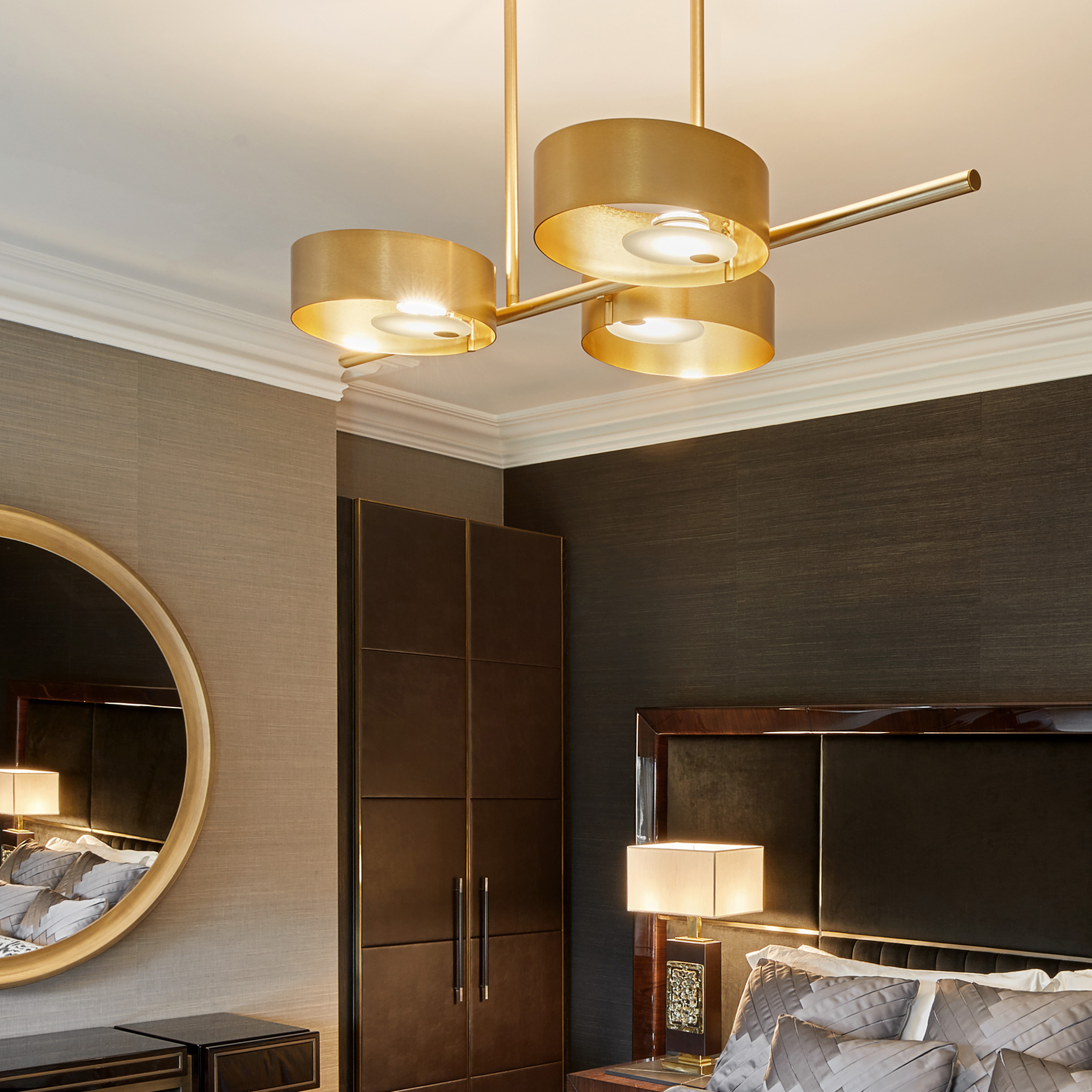 Contemporary Brushed Gold Triple Suspension Light