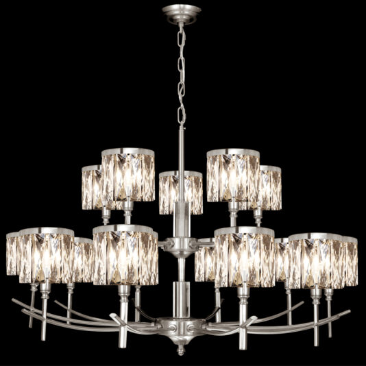 The Deluxe Two Tier Chandelier boasts a modern design with 12 glowing bulbs encased in crystal-like cylindrical shades. This sparkling fixture, suspended by a sleek metal chain against a black background, adds an air of sophistication to any space.