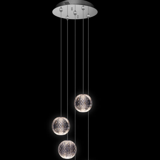 Exclusive Crystal Ball Pendant Light Introducing the Exclusive Crystal Ball Pendant Light, a modern fixture featuring a circular base with three globe-shaped lights suspended at various lengths. These globes, inspired by crystal ball elegance, are adorned with intricate mesh-like coverings that create a striking contrast against the black background.