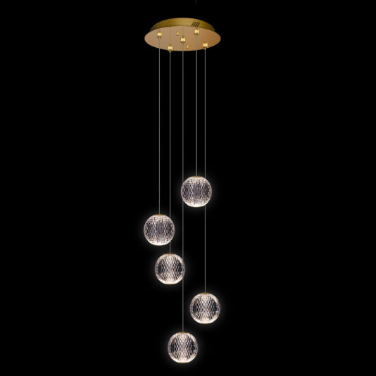 The Exclusive Crystal Ball Pendant Light features a modern chandelier design with five spherical lights suspended at different heights from a round, gold ceiling mount. Each light showcases an exclusive crystal ball pendant that illuminates like a lattice globe, offering a contemporary and elegant aesthetic against a black background.