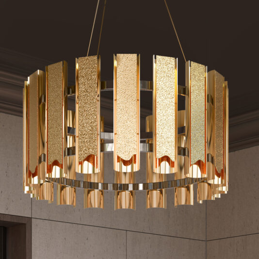 The Exclusive Gold Brass Chandelier, a modern circular design, hangs elegantly from the ceiling with vertical gold-plated rectangular panels. These panels feature intricate textured surfaces that exude a luxurious and sophisticated appearance against a muted background.